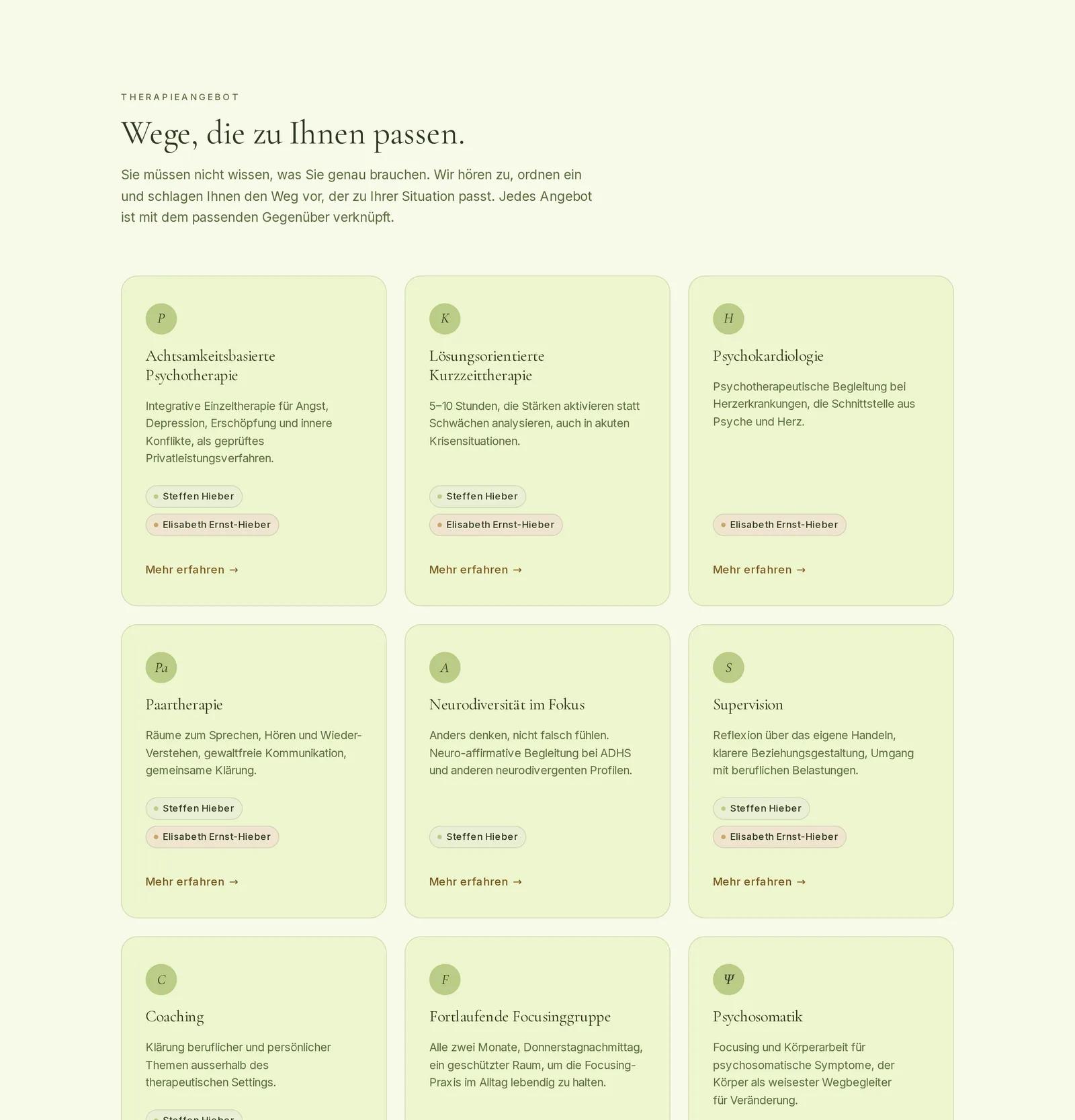 Praxis für integrative Psychotherapie, Ausschnitt der Website: Neun Angebote geordnet, jedes mit passender Ansprechperson