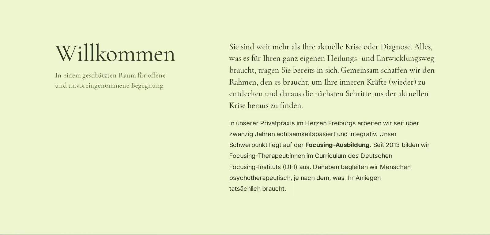 Praxis für integrative Psychotherapie, Ausschnitt der Website: Die Praxis stellt sich in ruhiger Sprache vor