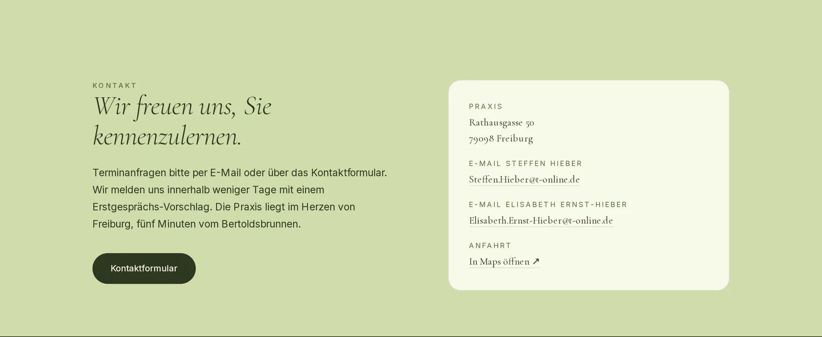 Praxis für integrative Psychotherapie, Ausschnitt der Website: Weicher Abschluss: Kontakt statt Verkaufsdruck