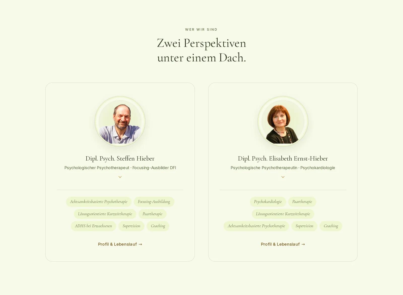 Praxis für integrative Psychotherapie, Ausschnitt der Website: Zwei Therapeut:innen gleichberechtigt nebeneinander