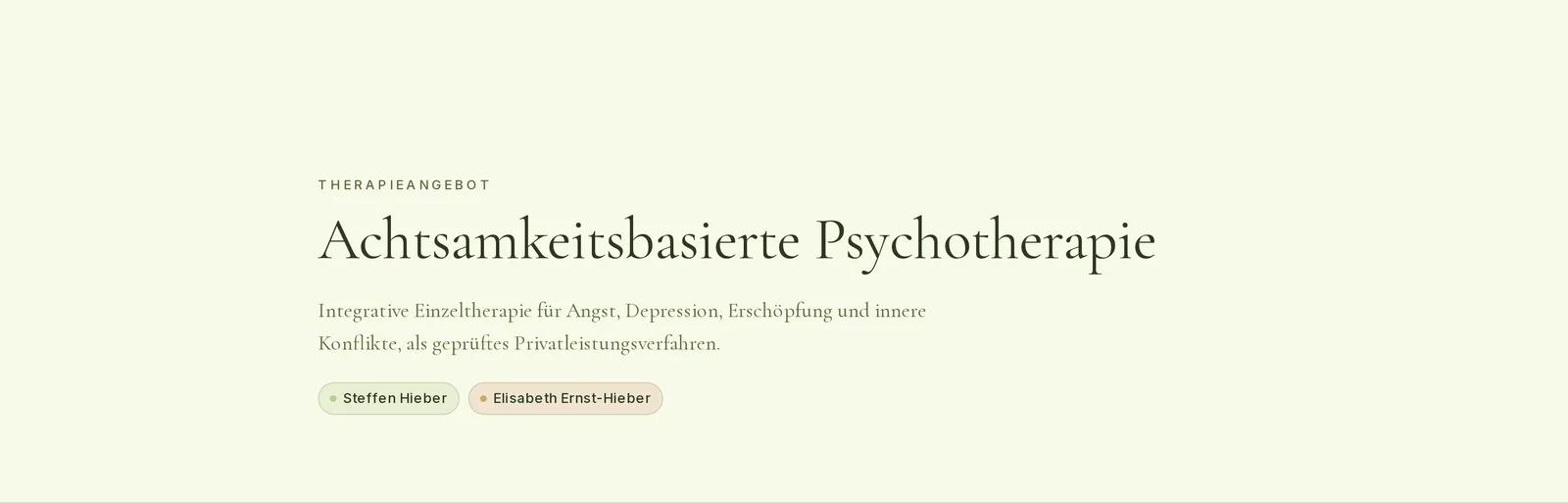 Praxis für integrative Psychotherapie, Ausschnitt der Website: Angebotsseite mit Zuordnung zur Ansprechperson