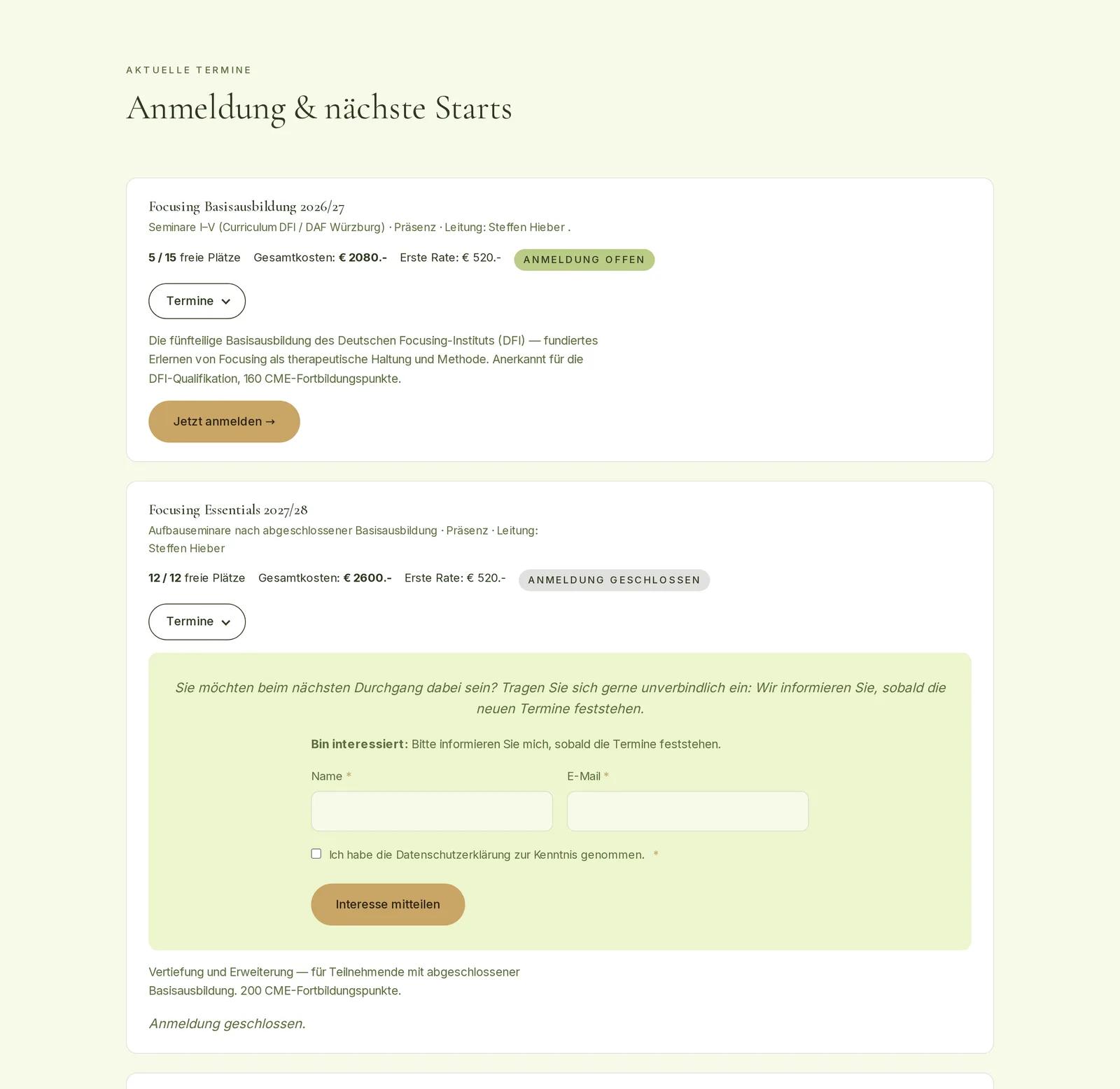 Praxis für integrative Psychotherapie, Ausschnitt der Website: Termine mit freien Plätzen, Kosten und Anmeldung