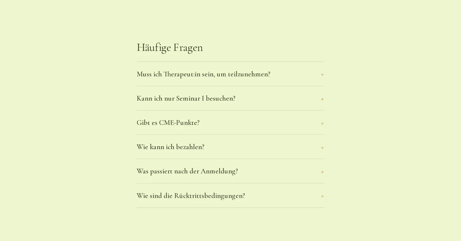Praxis für integrative Psychotherapie, Ausschnitt der Website: Häufige Fragen als Akkordeon