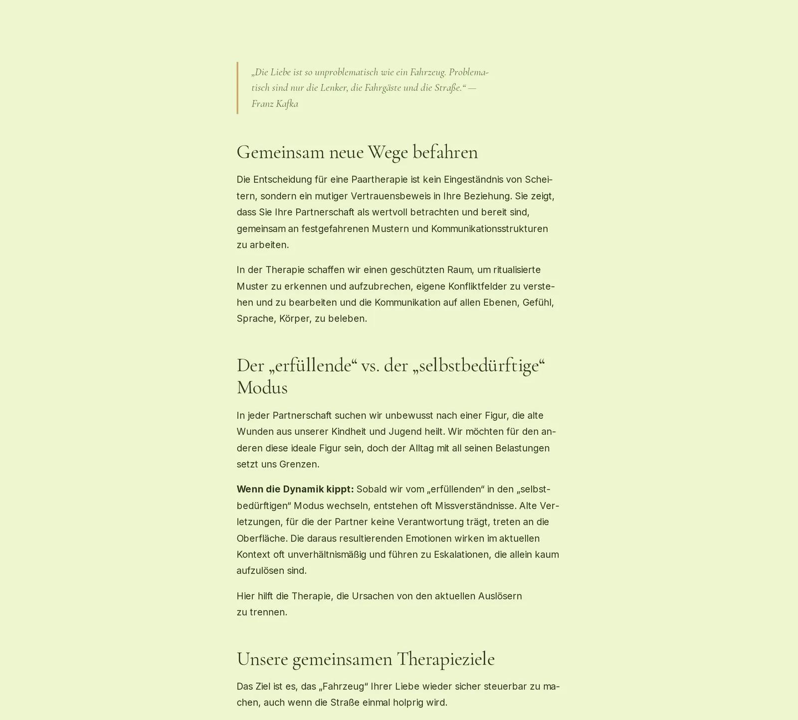 Praxis für integrative Psychotherapie, Ausschnitt der Website: Angebotsseite Paartherapie