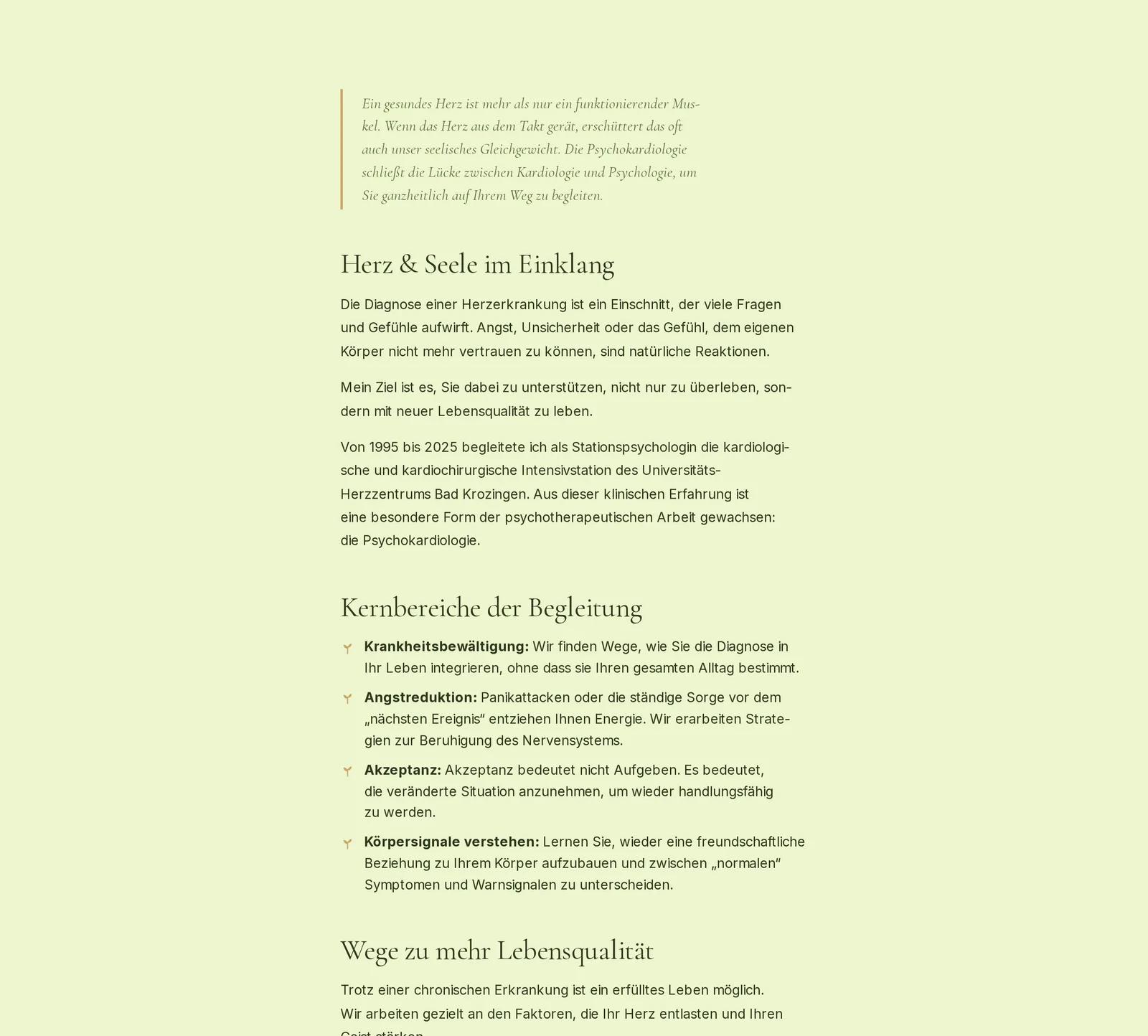 Praxis für integrative Psychotherapie, Ausschnitt der Website: Angebotsseite Psychokardiologie