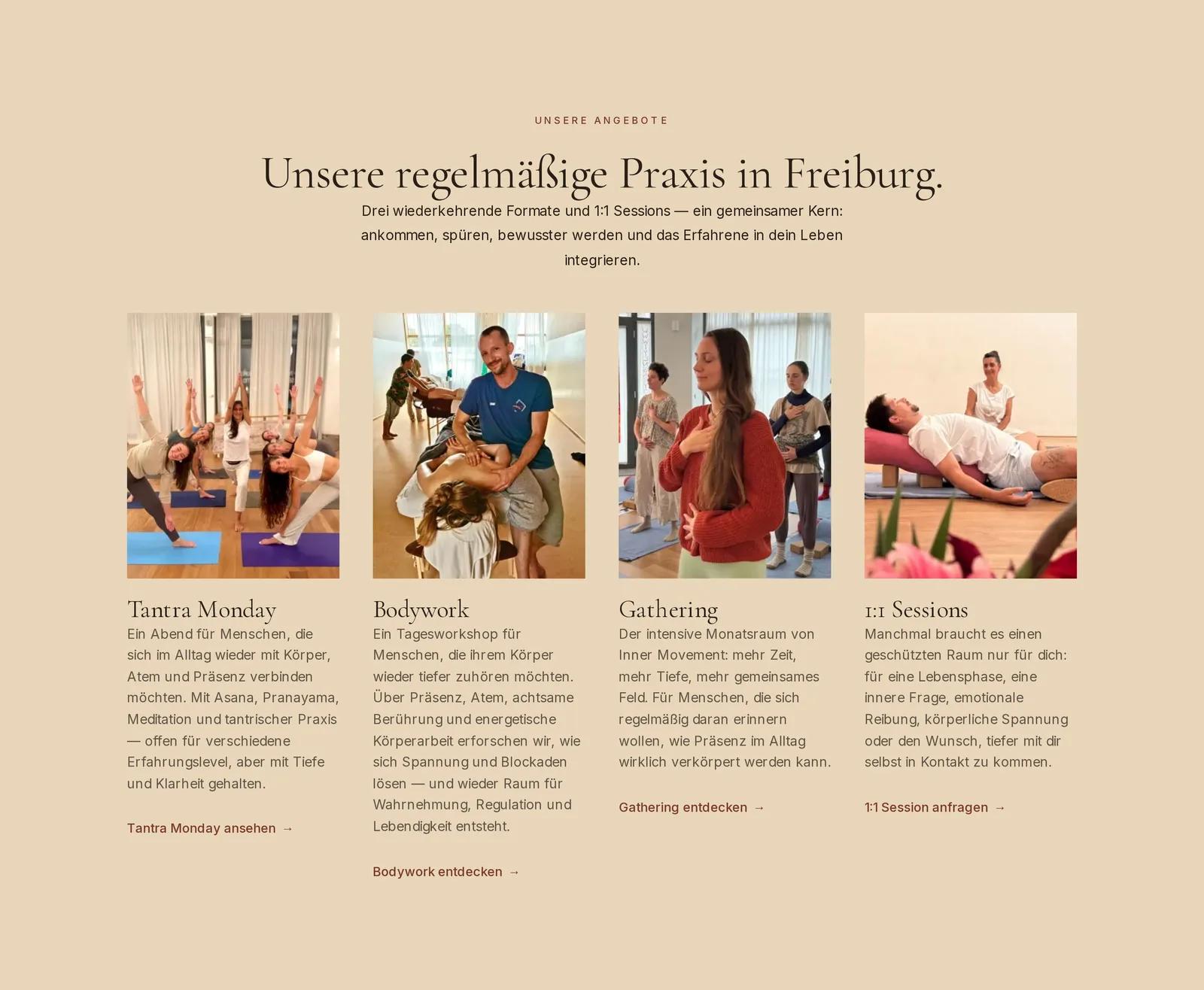 Inner Movement Freiburg, Ausschnitt der Website: Vier Angebotsräume mit eigenem Weg je Angebot