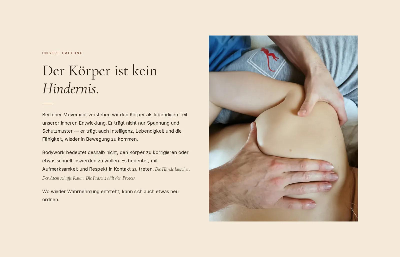 Inner Movement Freiburg, Ausschnitt der Website: Bildsprache: Körperarbeit ohne Pose