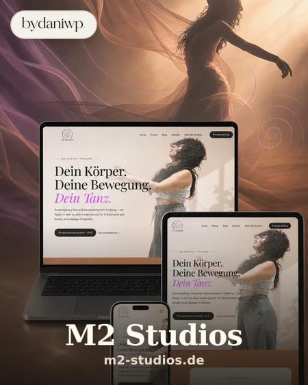 Hochkant Portfolio-Card für M2 Studios auf der bydaniwp Startseite