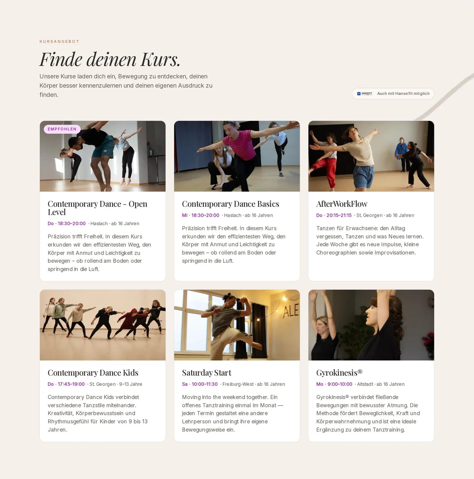 M2 Studios, Ausschnitt der Website: Kursübersicht mit eigener Detailseite je Kurs