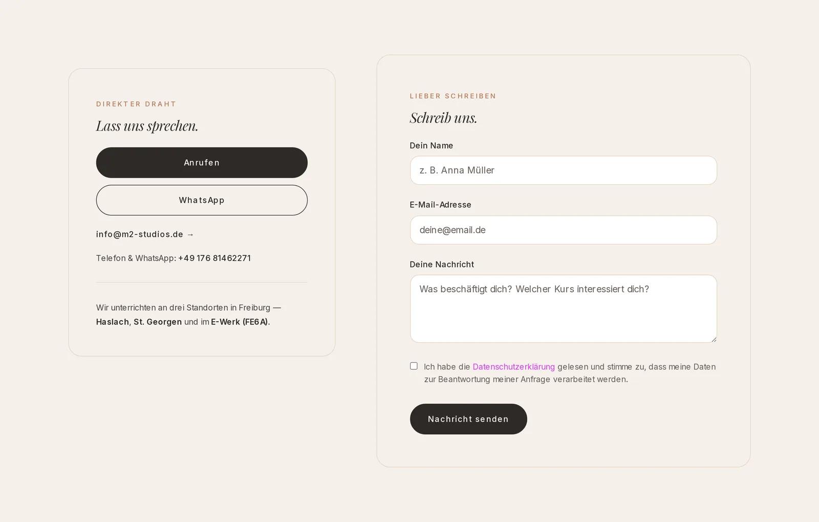 M2 Studios, Ausschnitt der Website: Kontaktformular mit Kurswunsch