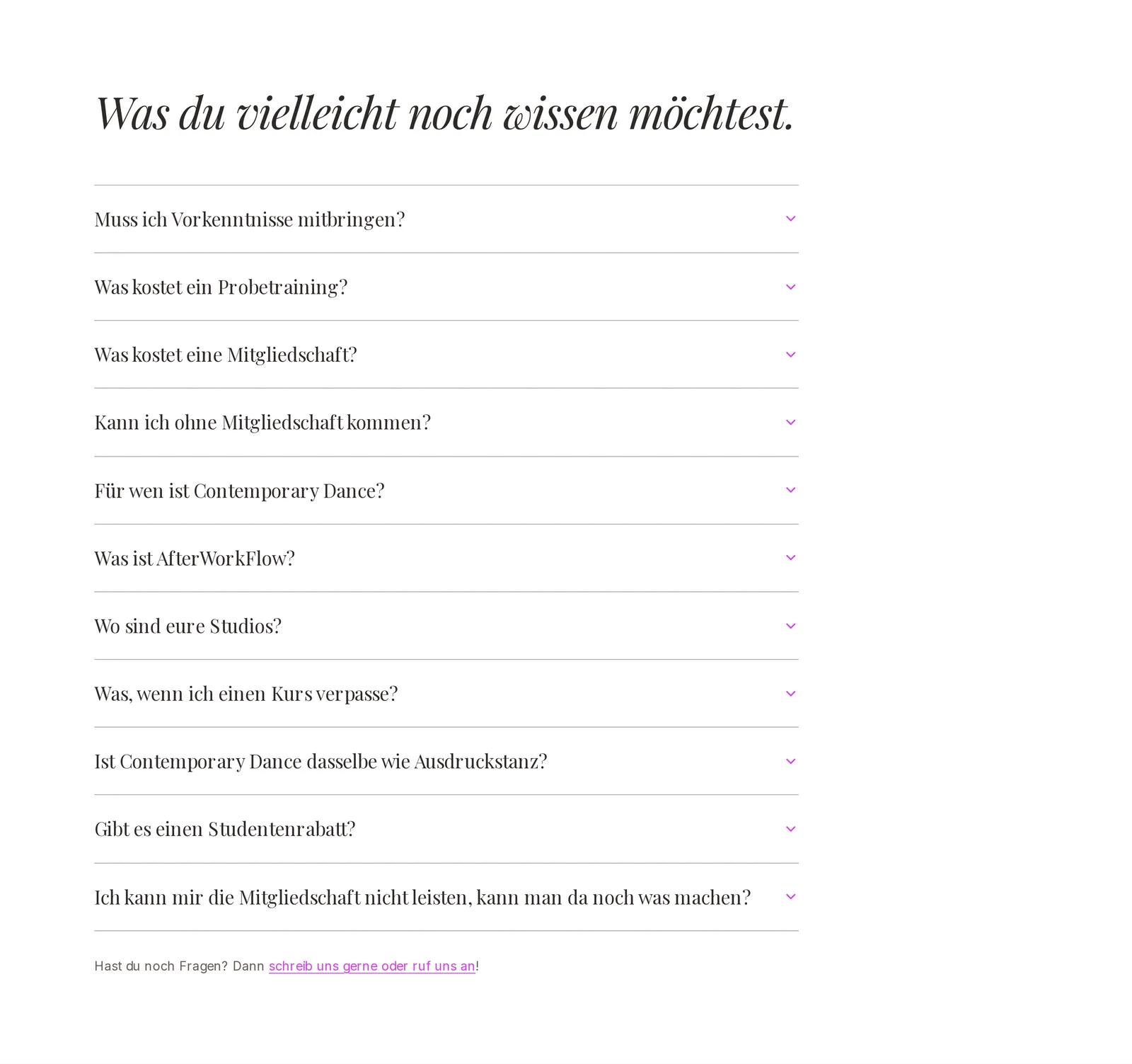 M2 Studios, Ausschnitt der Website: Häufige Fragen als Akkordeon