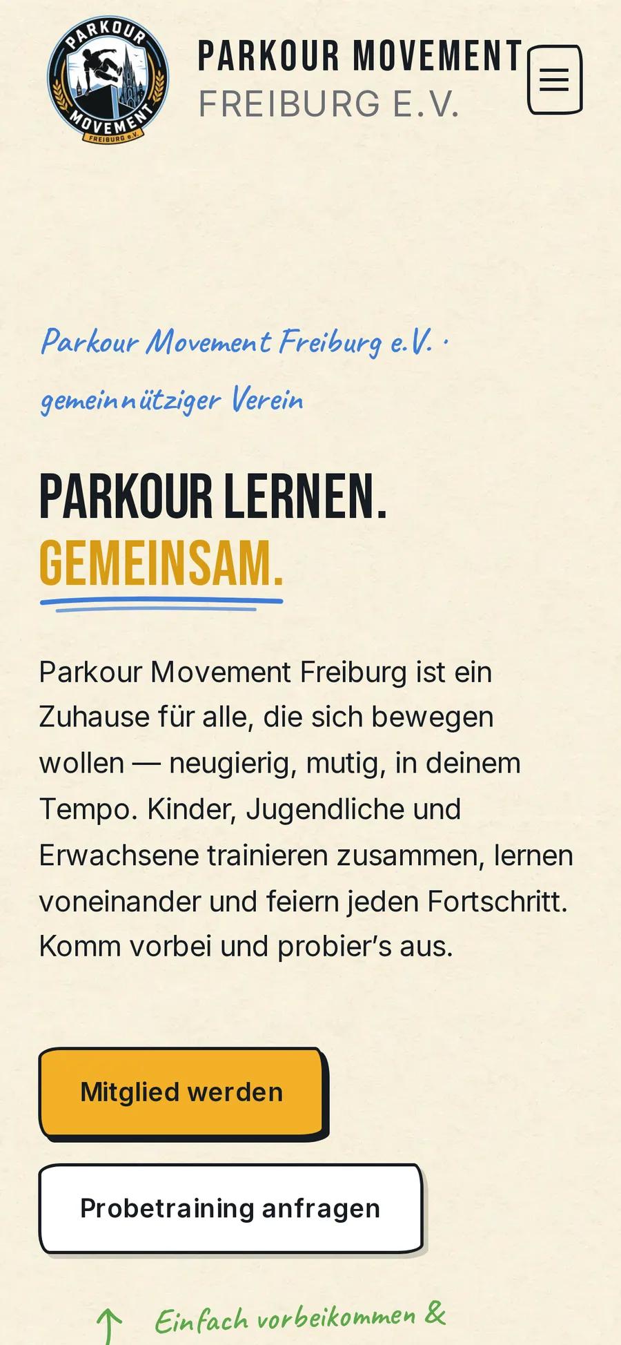 Parkour Movement Freiburg e.V., Ansicht auf dem Smartphone