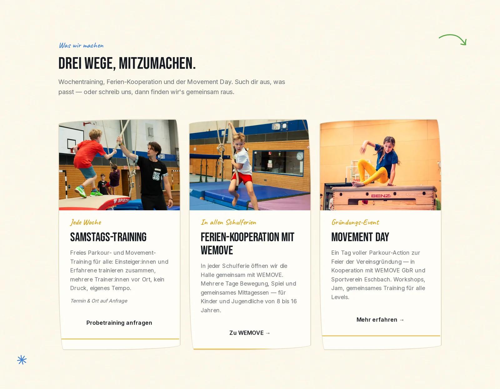 Parkour Movement Freiburg e.V., Ausschnitt der Website: Drei Wege mitzumachen, statt eines Kurskalenders