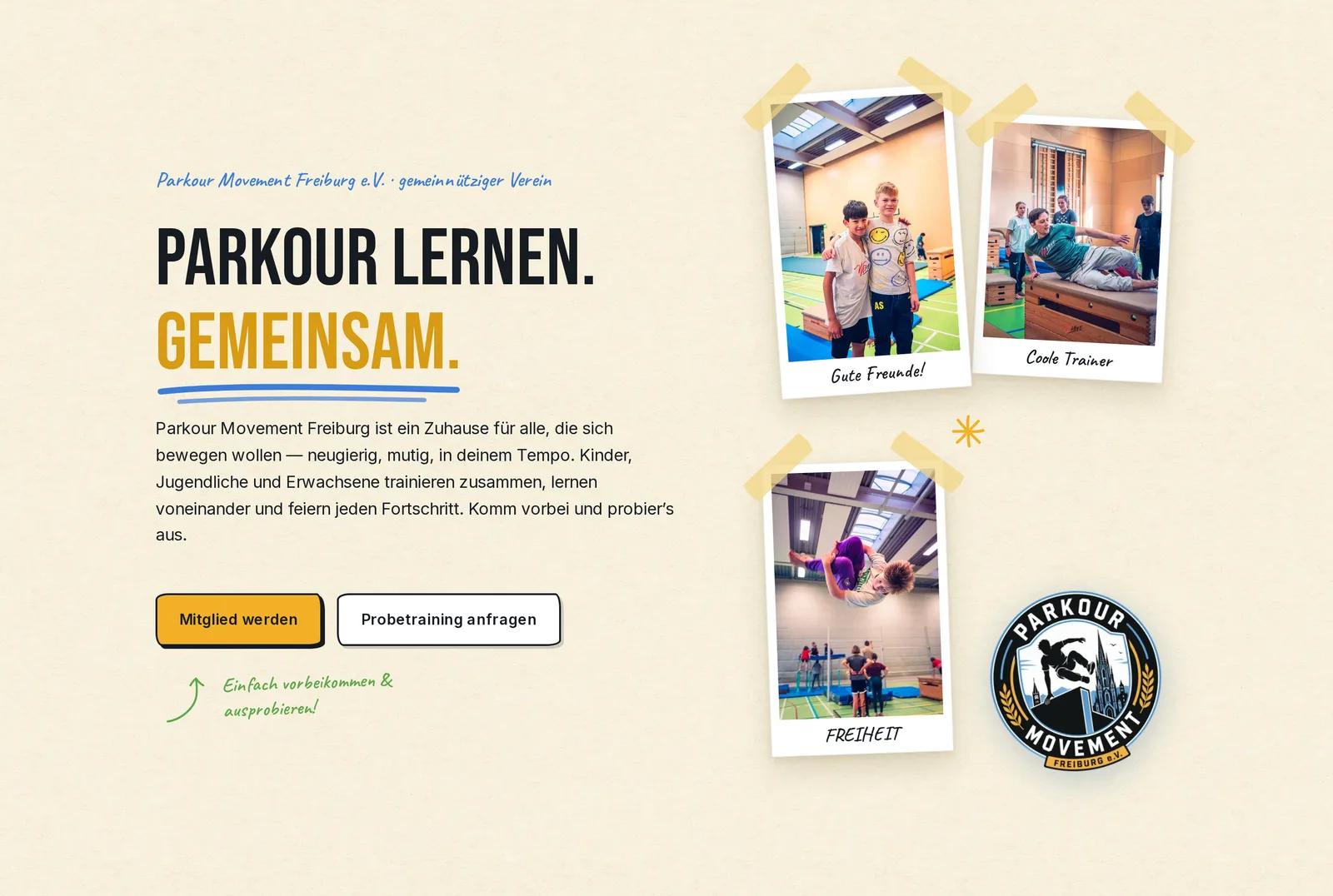 Parkour Movement Freiburg e.V., Ausschnitt der Website: Papier, Polaroid, Handschrift, Gelb und Hellblau in einem Bild