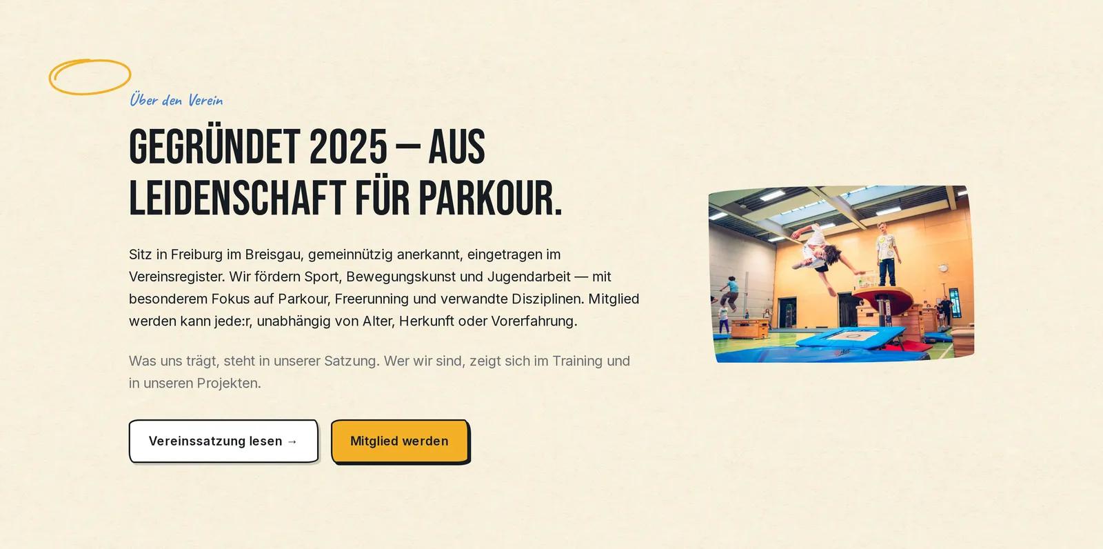 Parkour Movement Freiburg e.V., Ausschnitt der Website: Ein junger Verein, der sich selbst erklären muss