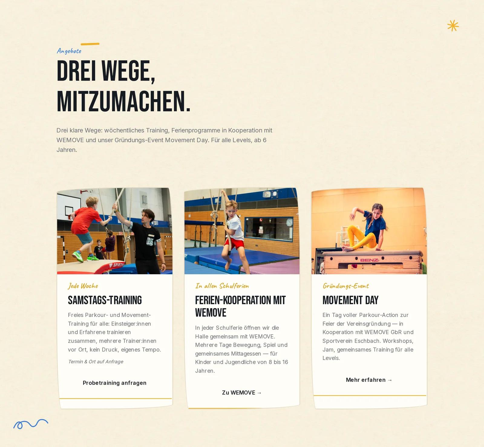 Parkour Movement Freiburg e.V., Ausschnitt der Website: Angebote klar getrennt und einzeln erklärt