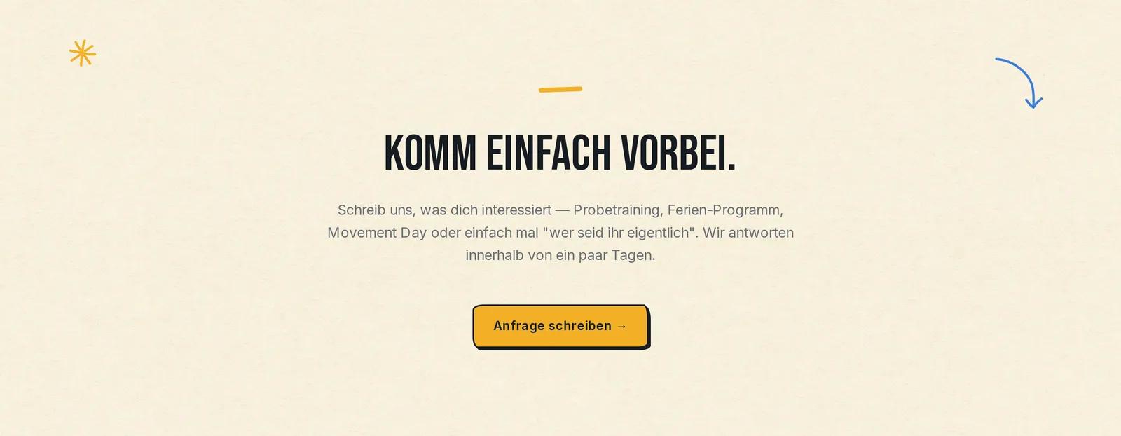 Parkour Movement Freiburg e.V., Ausschnitt der Website: Probetraining ohne Hürde anfragen