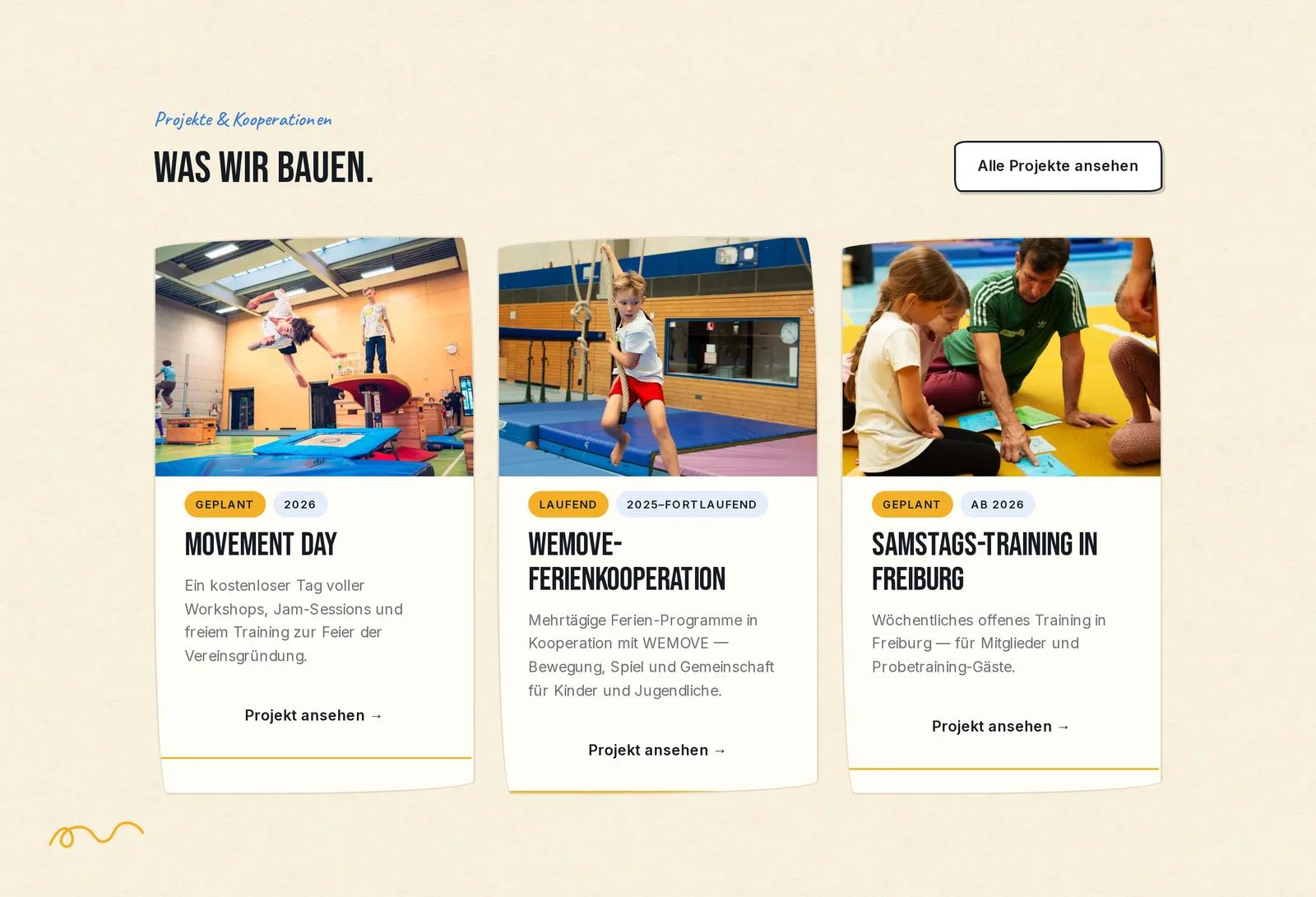 Parkour Movement Freiburg e.V., Ausschnitt der Website: Projekte und Kooperationen des Vereins