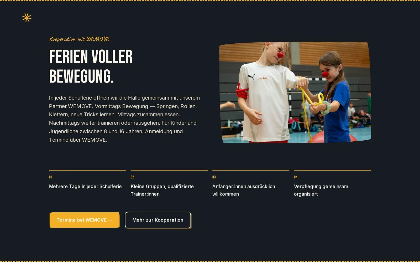 Parkour Movement Freiburg e.V., Ausschnitt der Website: Ferien-Kooperation mit WEMOVE