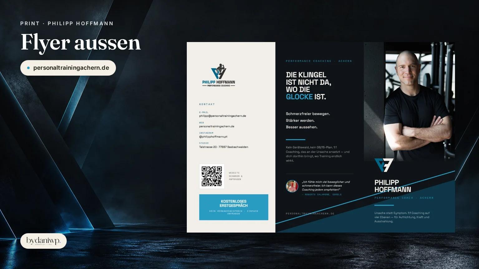 Trifold-Flyer A4 fuer Philipp Hoffmann, Aussenseite mit Kontakt, Leitsatz und Portrait