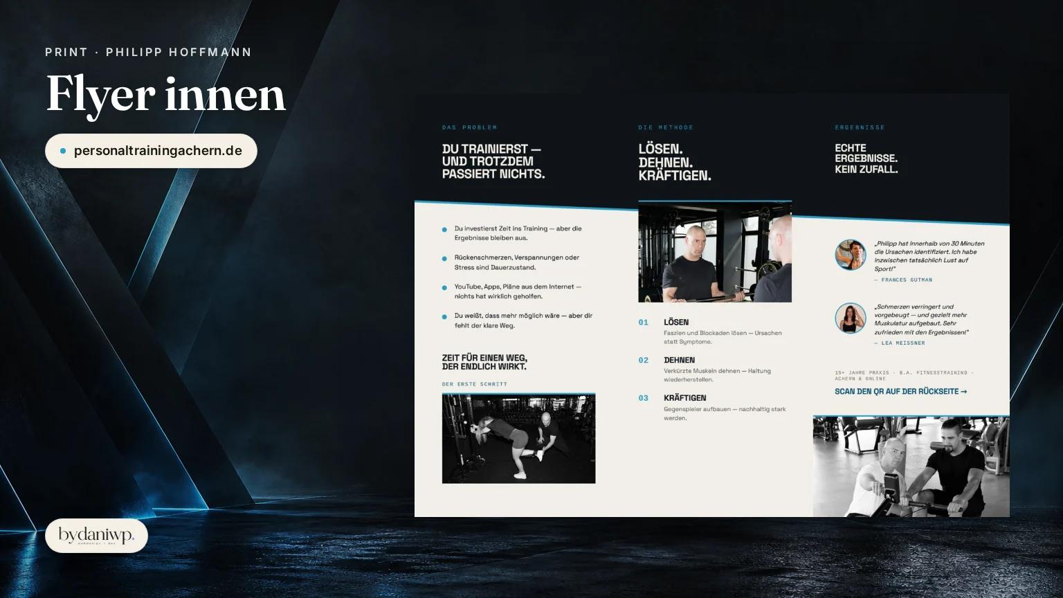 Trifold-Flyer A4 fuer Philipp Hoffmann, Innenseite mit Problem, Methode und Ergebnissen