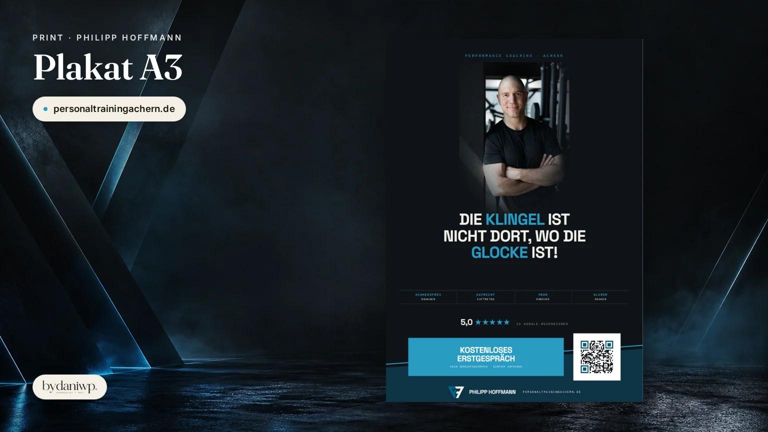 Plakat DIN A3 fuer Philipp Hoffmann mit Portrait, Leitsatz und QR-Code