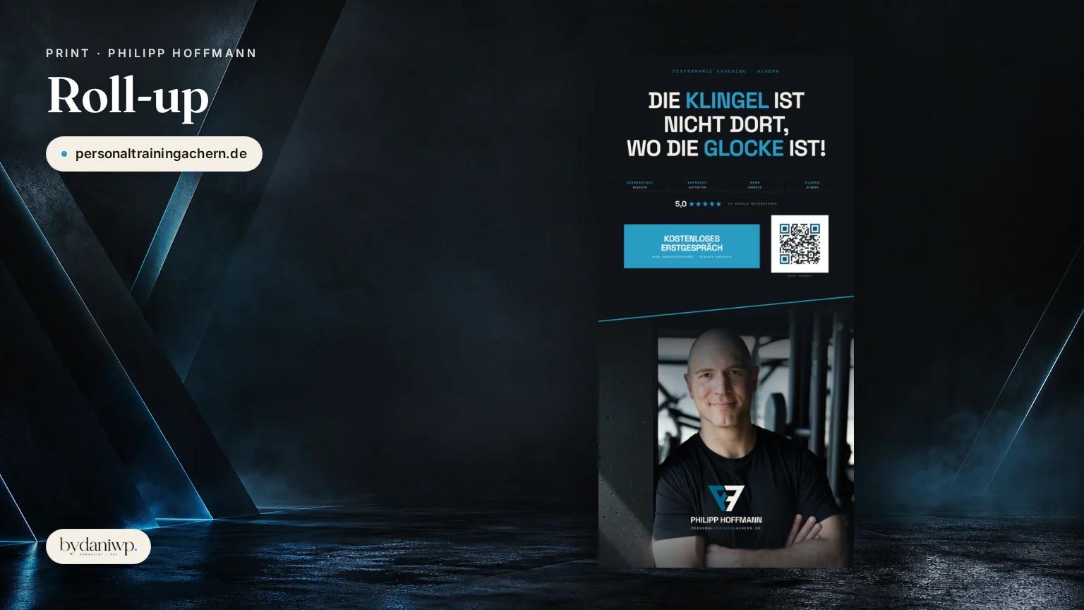 Roll-up 100 x 200 cm fuer Philipp Hoffmann mit Leitsatz, Bewertung und Portrait