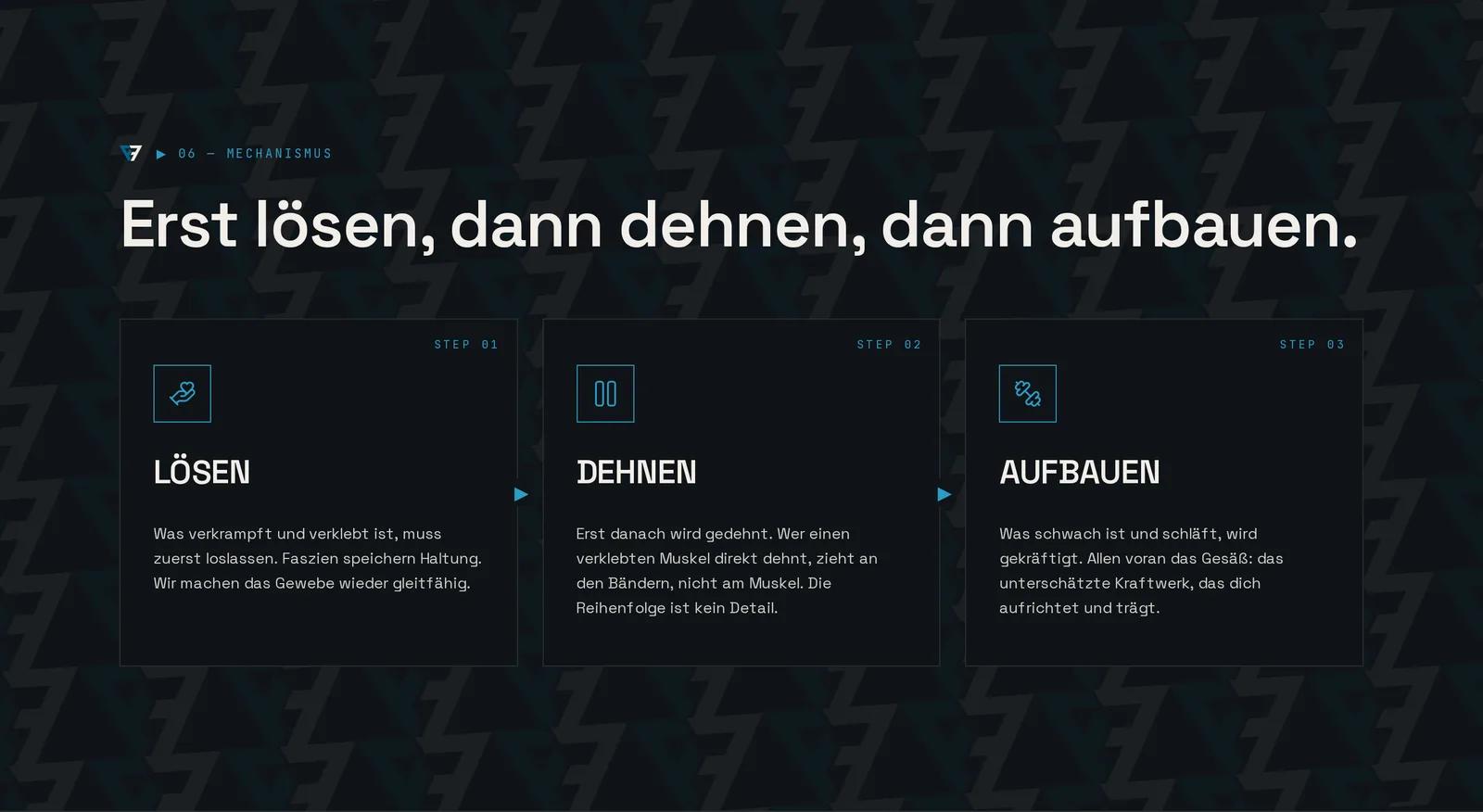 Philipp Hoffmann, Ausschnitt der Website: Muster, Petrol-Akzent und Karten statt Fitnessstudio-Optik