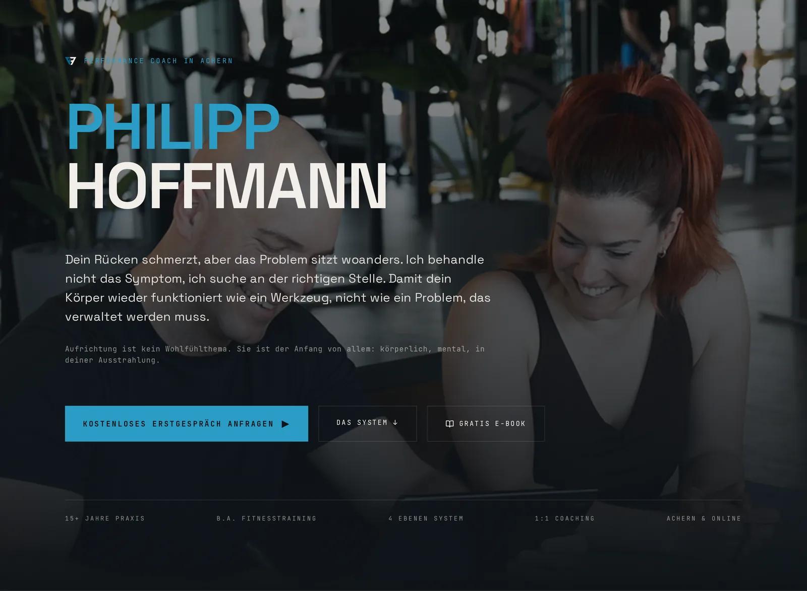 Philipp Hoffmann, Ausschnitt der Website: Dunkler Auftritt mit einem einzigen Akzent