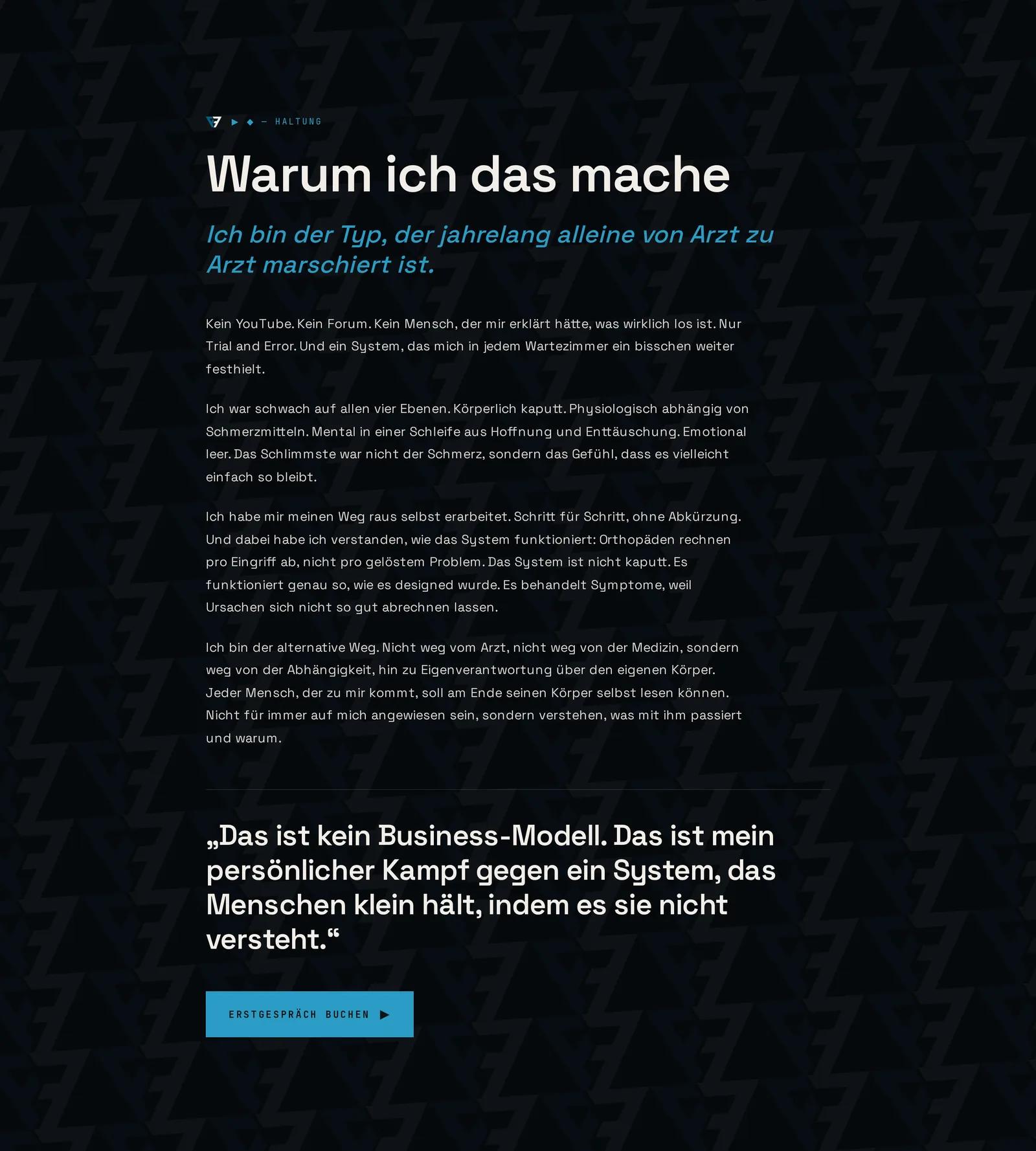 Philipp Hoffmann, Ausschnitt der Website: Warum ich das mache: die Haltung dahinter