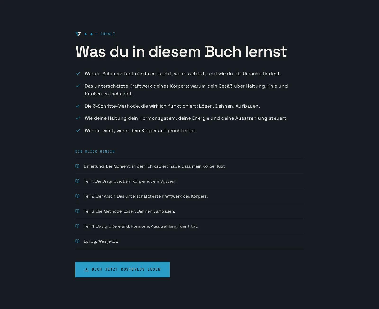 Philipp Hoffmann, Ausschnitt der Website: Inhalt des E-Books im Überblick