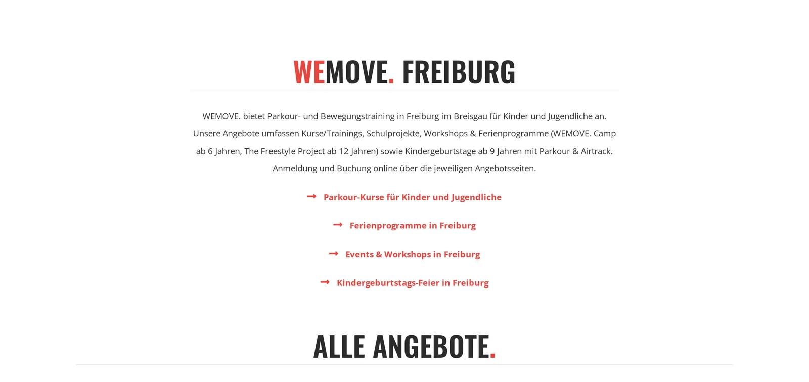 WEMOVE. Freiburg, Ausschnitt der Website: Wortmarke, condensed Schrift und Rot als einziger Akzent