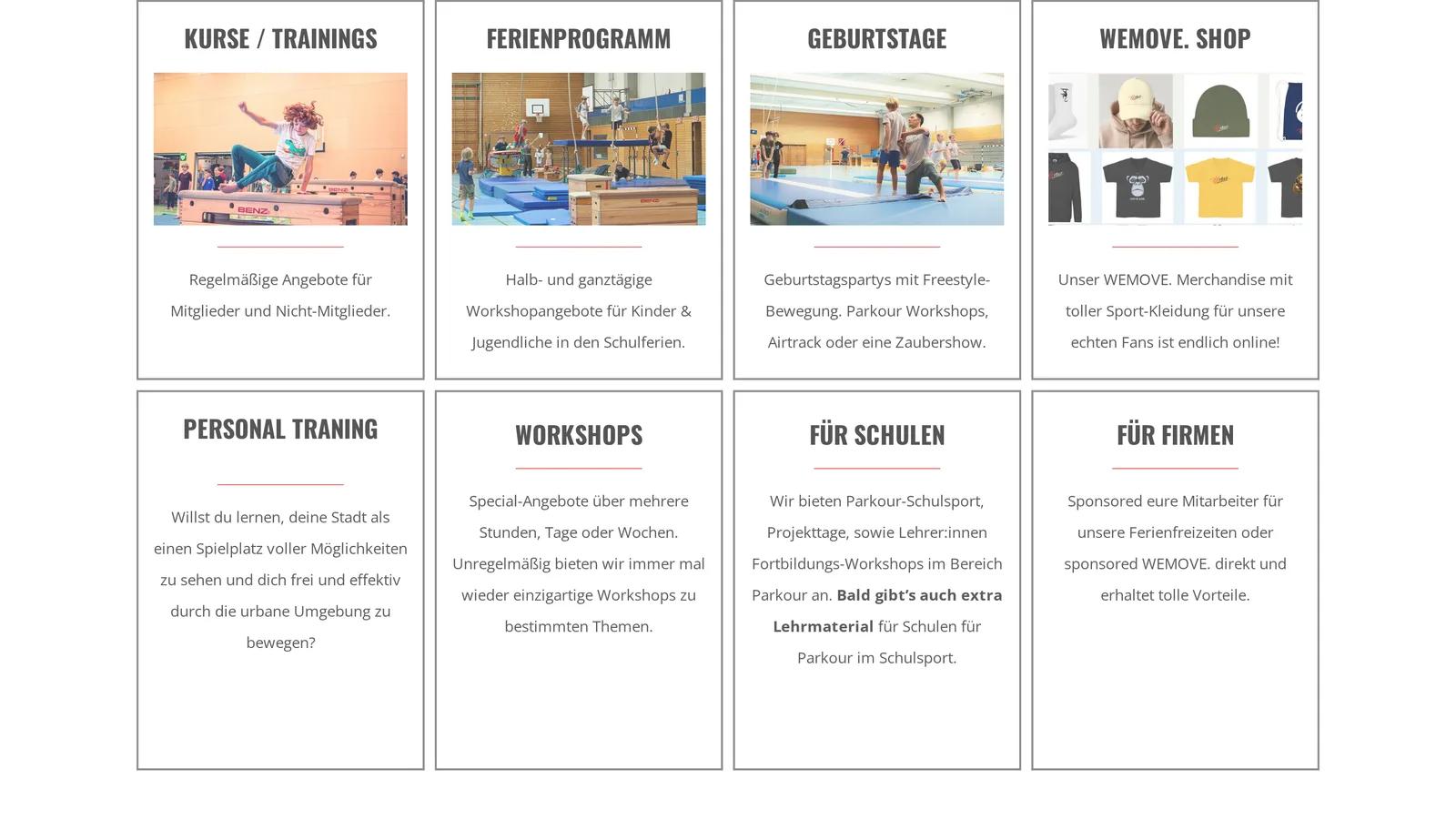 WEMOVE. Freiburg, Ausschnitt der Website: Acht Angebotsbereiche, die geordnet werden mussten