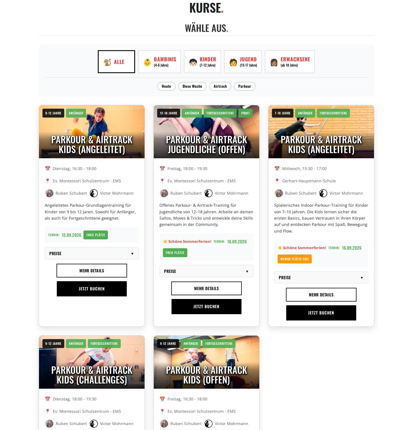 WEMOVE. Freiburg, Ausschnitt der Website: Kurse mit Altersfilter, Trainer und direkter Buchung