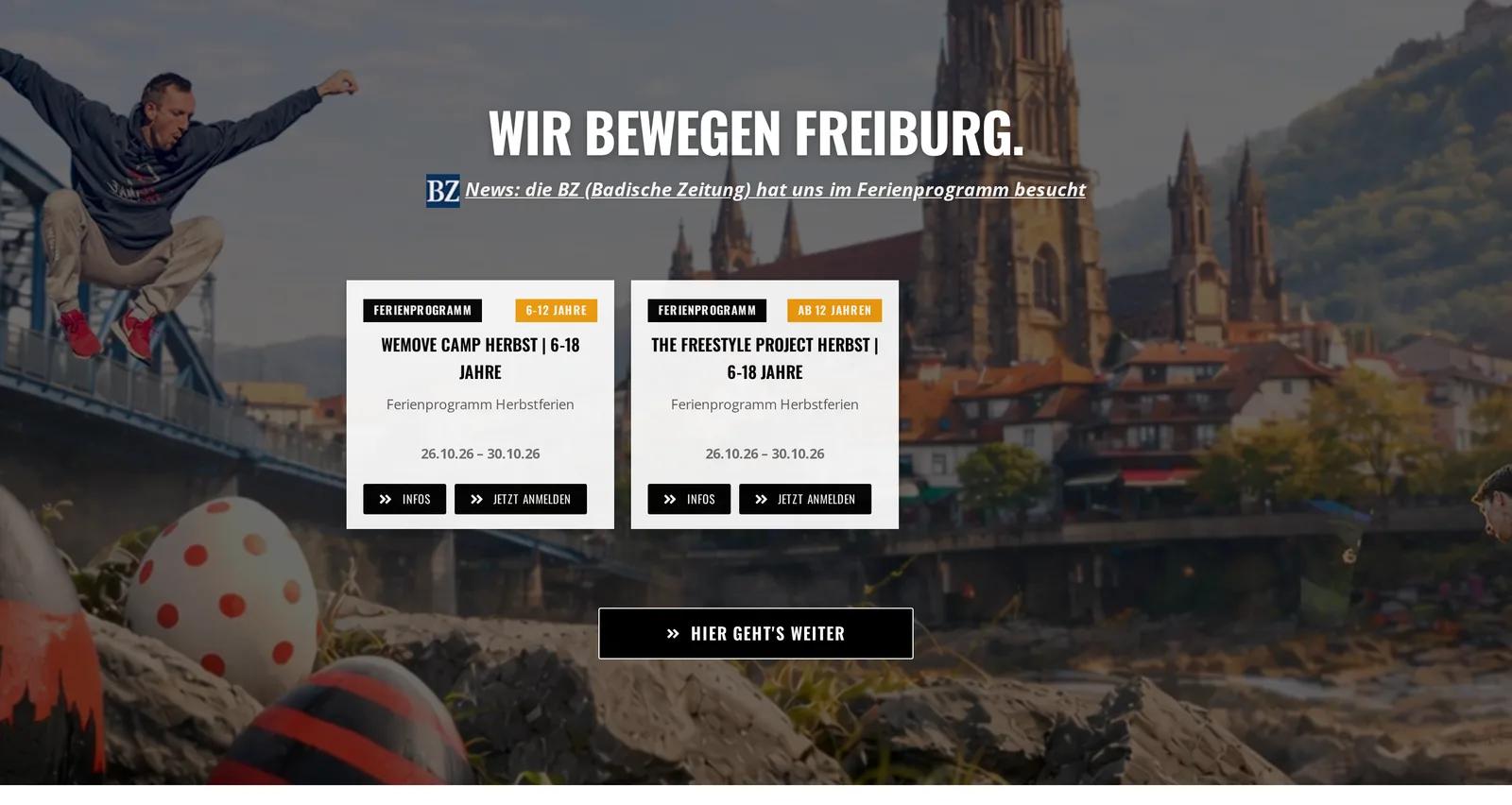 WEMOVE. Freiburg, Ausschnitt der Website: Freiburg-Hero mit lokaler Kernbotschaft