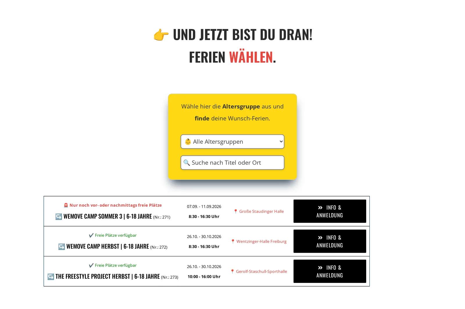 WEMOVE. Freiburg, Ausschnitt der Website: Direkte Wege zu Infos und Anmeldung
