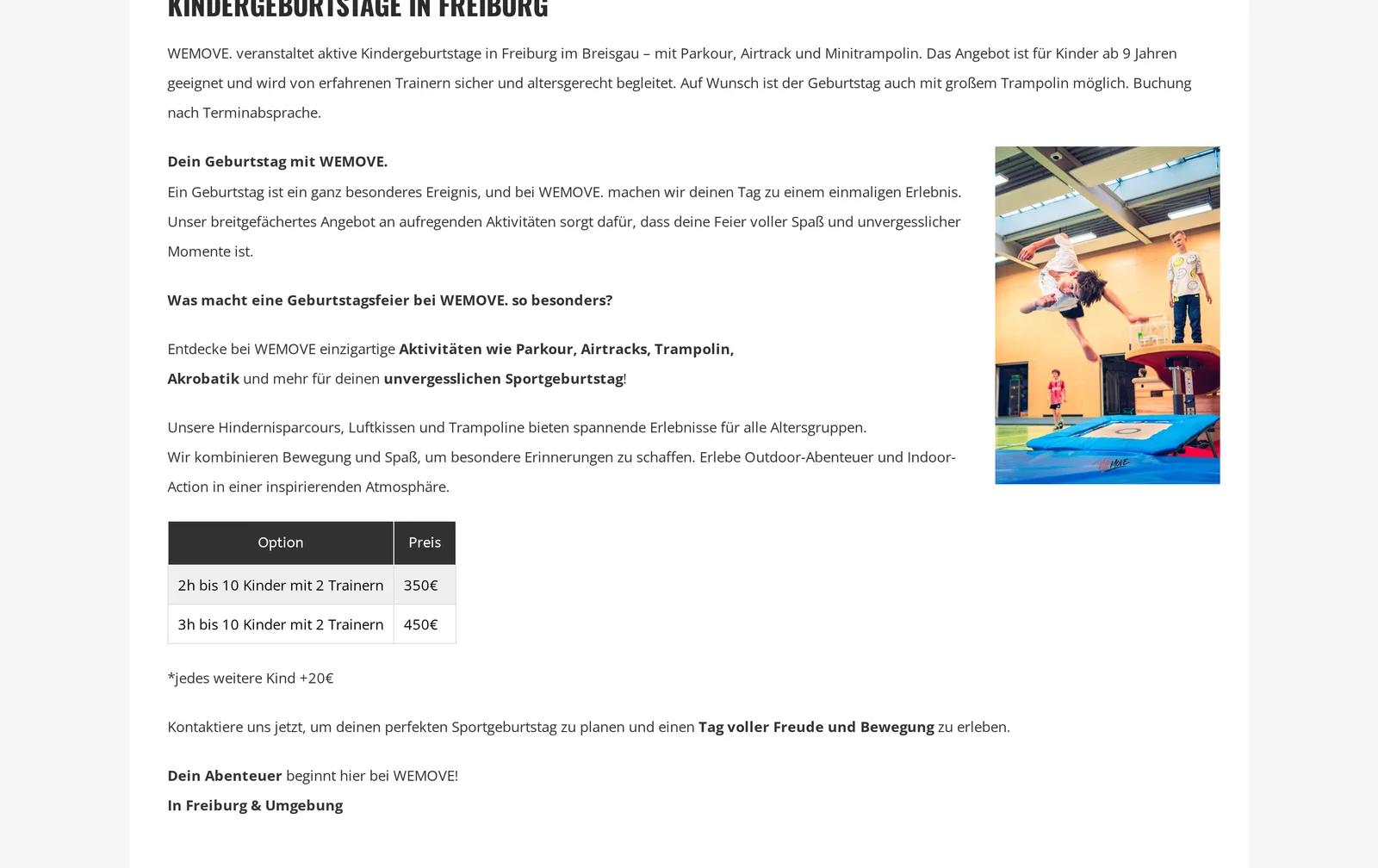 WEMOVE. Freiburg, Ausschnitt der Website: Kindergeburtstag mit Ablauf und Preisen