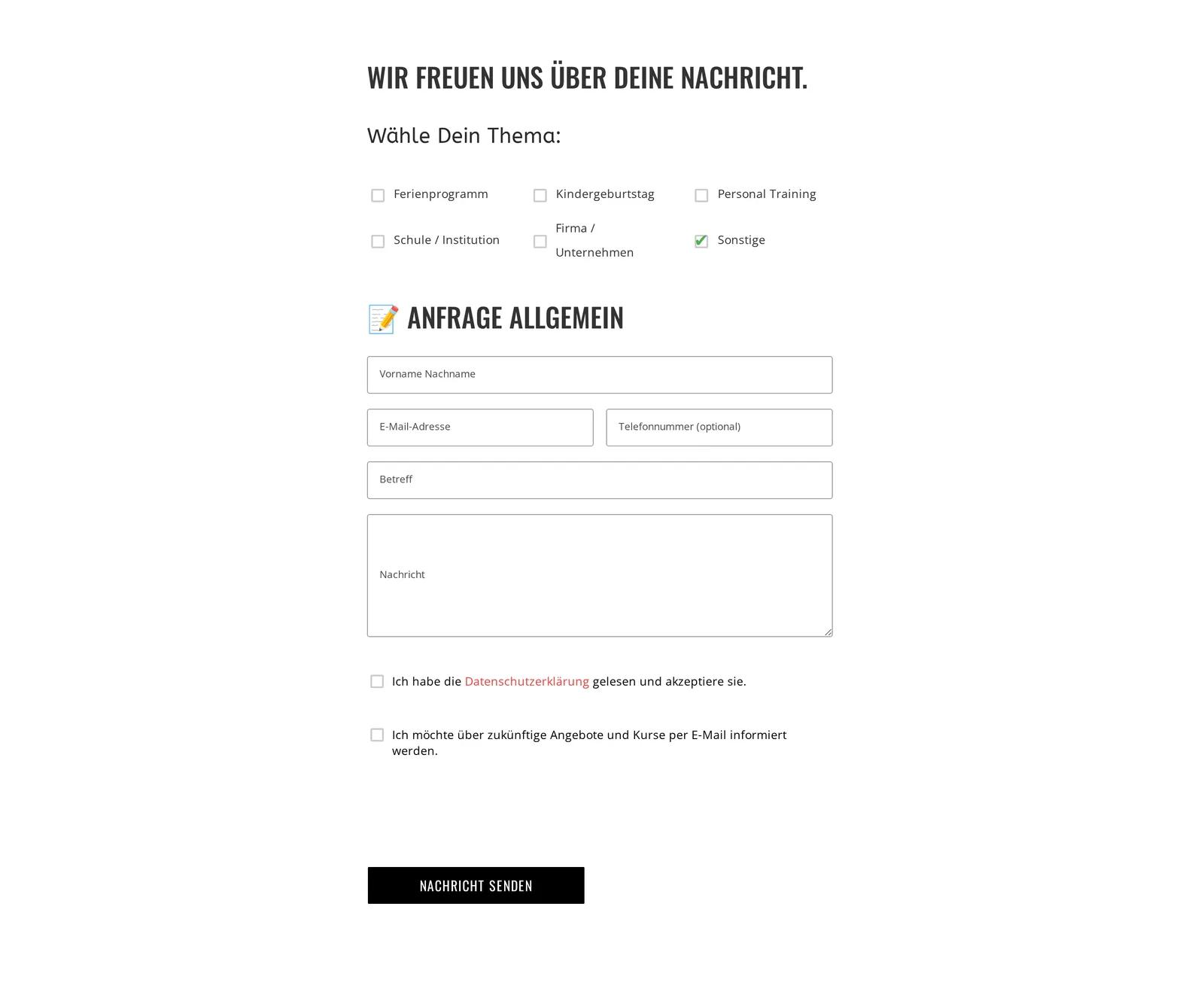 WEMOVE. Freiburg, Ausschnitt der Website: Anfrageformular mit Themenwahl