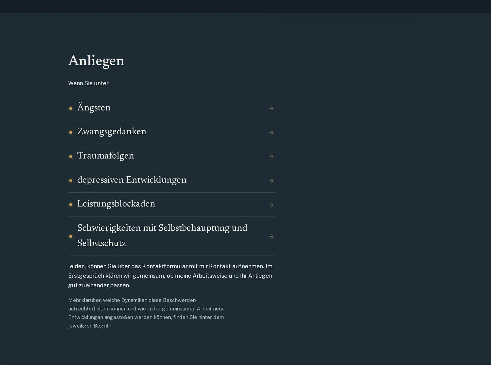 Praxis für Psychotherapie Georg Moritz Pohlmann, Ausschnitt der Website: Anliegen zum Wiedererkennen statt Wellness-Floskeln