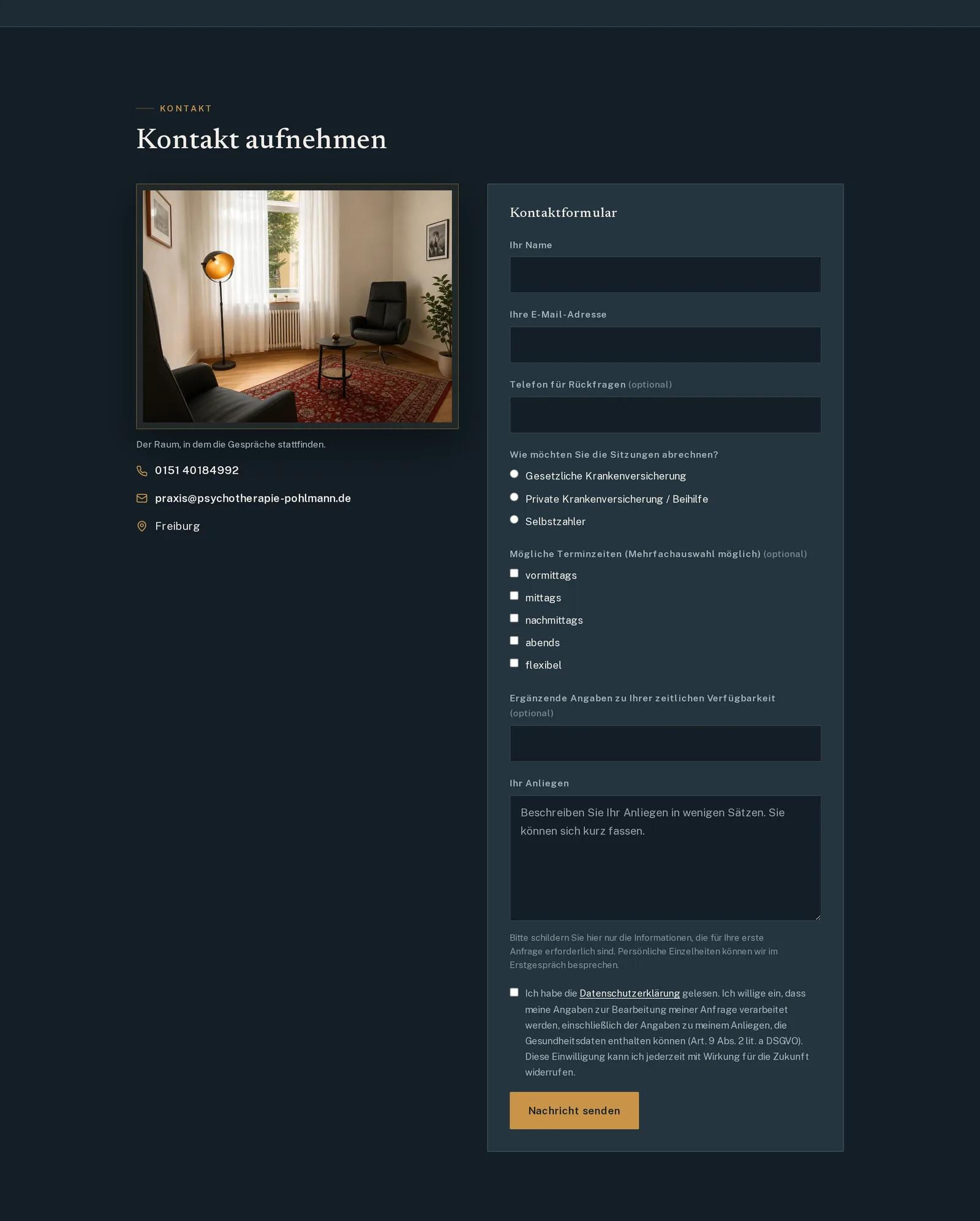 Praxis für Psychotherapie Georg Moritz Pohlmann, Ausschnitt der Website: Kontaktformular mit Abrechnungsart und Terminwunsch