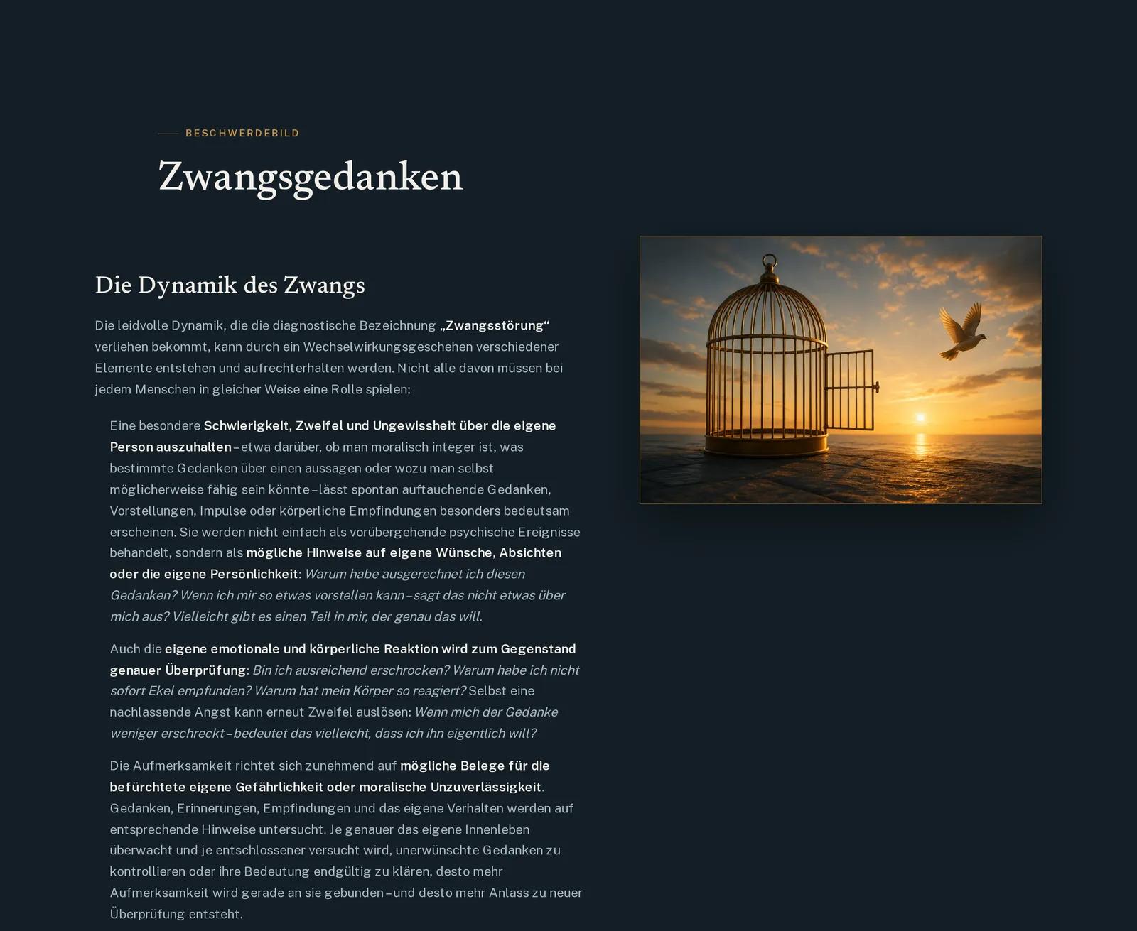 Praxis für Psychotherapie Georg Moritz Pohlmann, Ausschnitt der Website: Jedes Beschwerdebild hat eigene Seite und eigenes Motiv