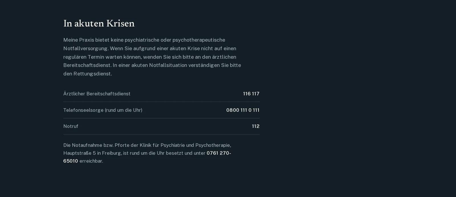 Praxis für Psychotherapie Georg Moritz Pohlmann, Ausschnitt der Website: Krisenhilfe mit Bereitschaftsdienst und Notruf