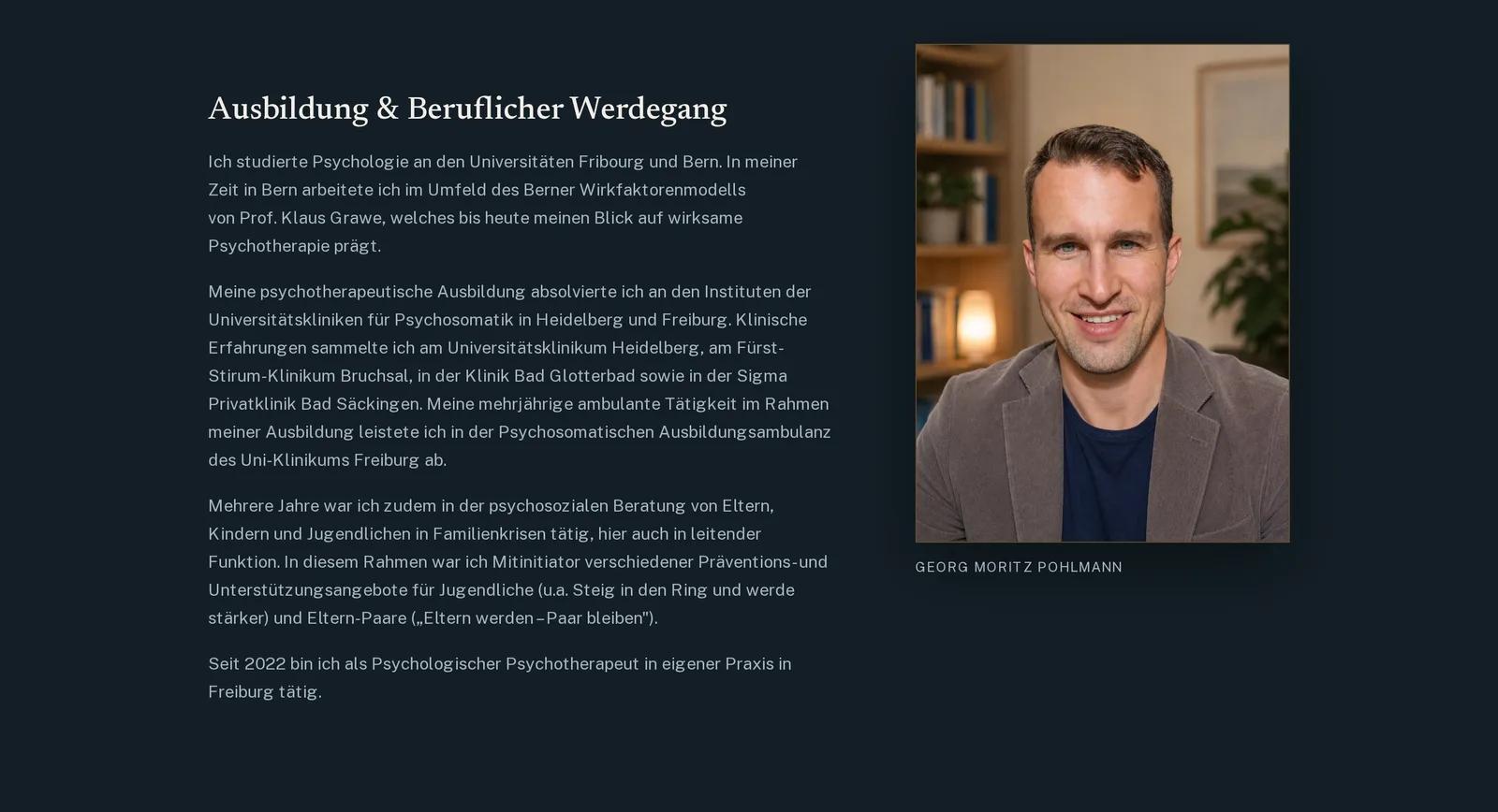 Praxis für Psychotherapie Georg Moritz Pohlmann, Ausschnitt der Website: Eigene Aufnahmen statt Stockfotos