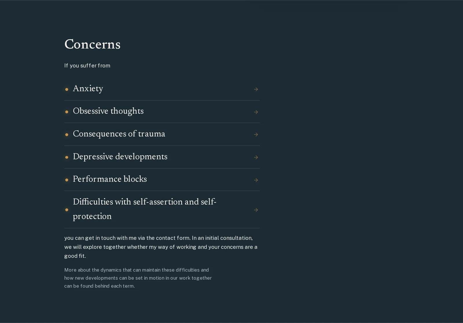 Praxis für Psychotherapie Georg Moritz Pohlmann, Ausschnitt der Website: Englische Fassung der Anliegen
