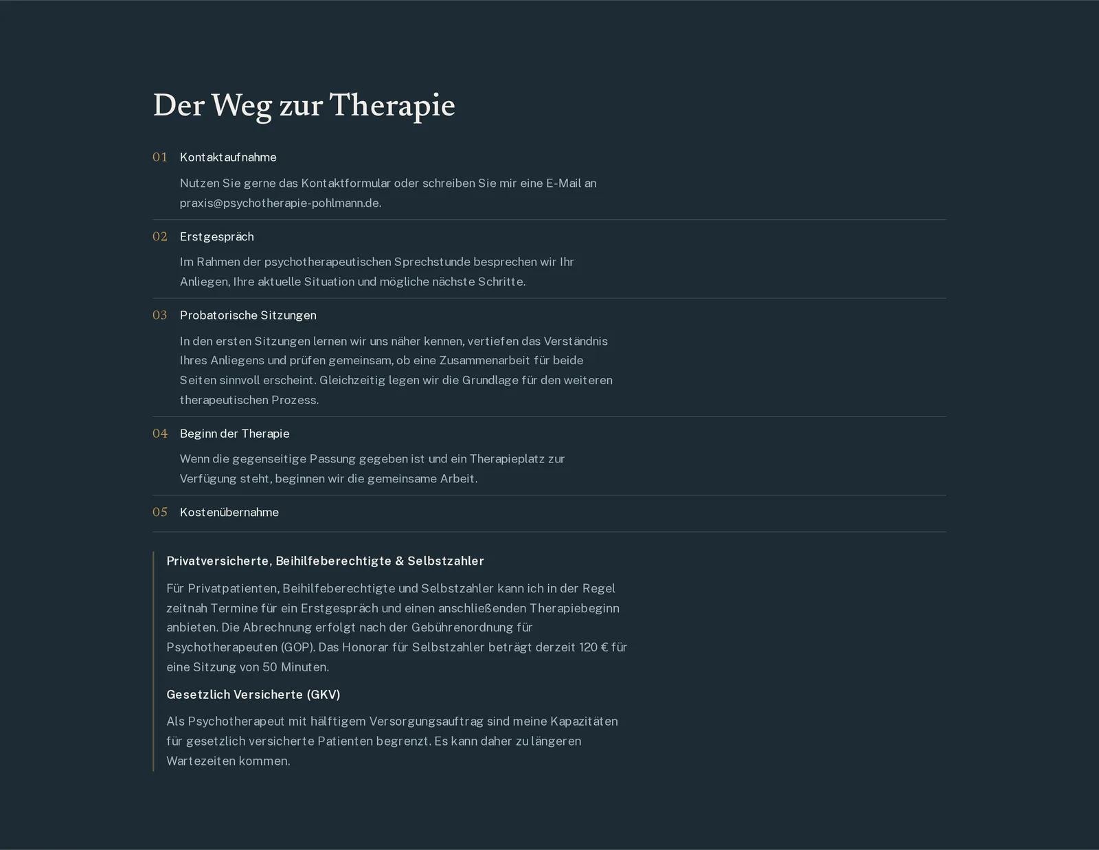 Praxis für Psychotherapie Georg Moritz Pohlmann, Ausschnitt der Website: Der Weg zur Therapie, Schritt für Schritt