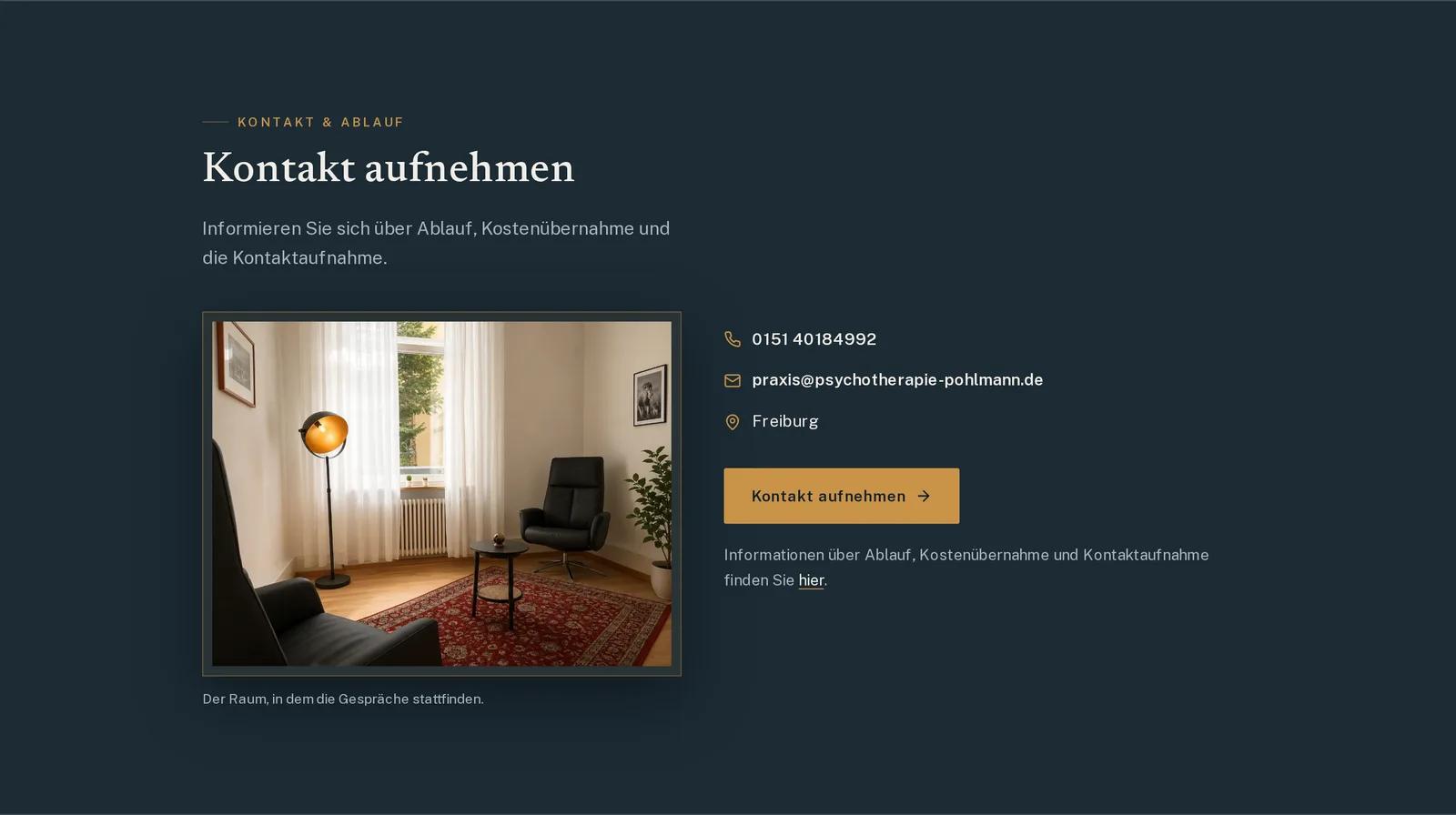 Praxis für Psychotherapie Georg Moritz Pohlmann, Ausschnitt der Website: Kontakt mit Blick in den Praxisraum
