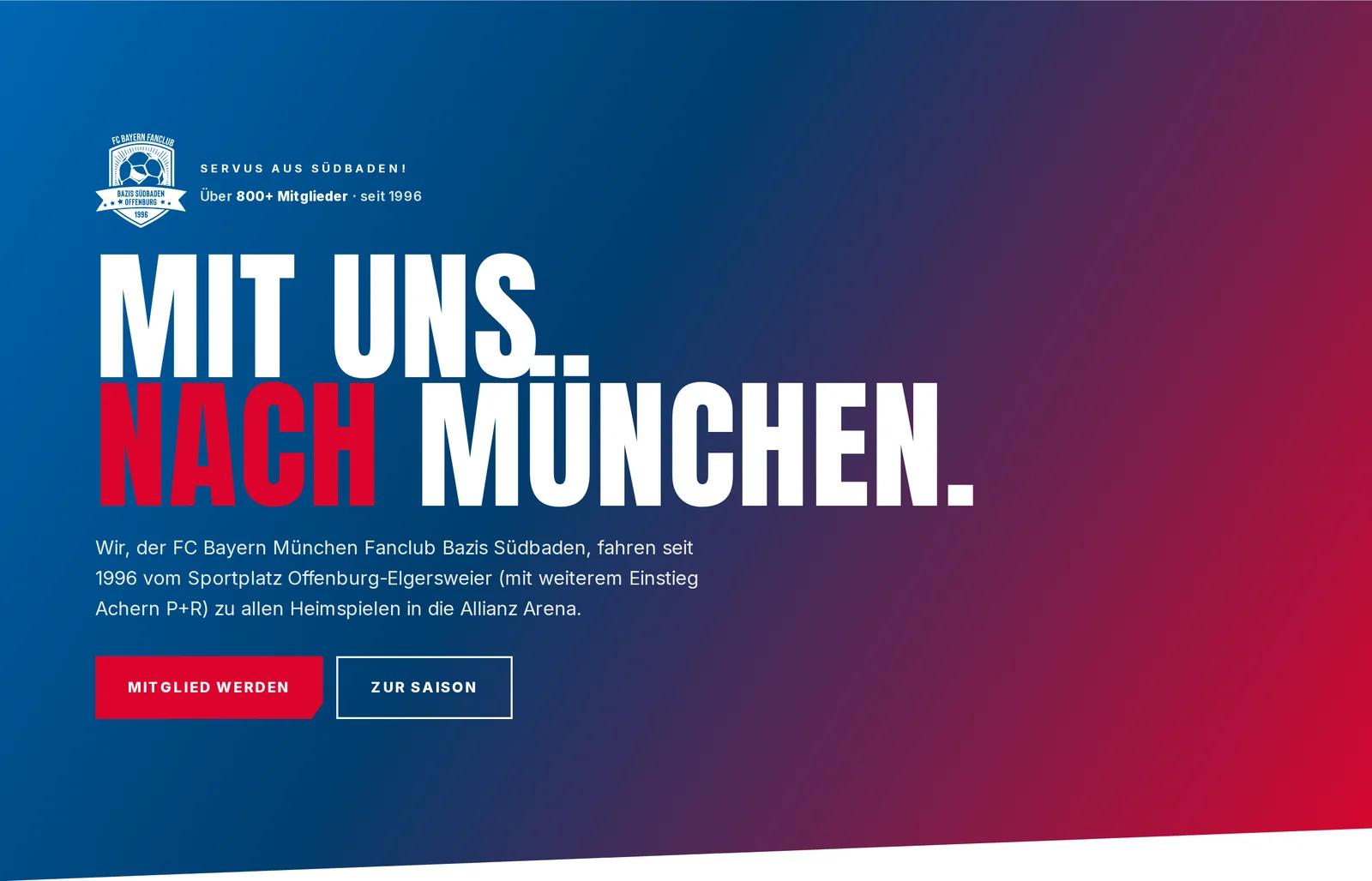 FC Bayern Fanclub Bazis Südbaden, Ausschnitt der Website: Plakative Gestaltung in Rot und Blau