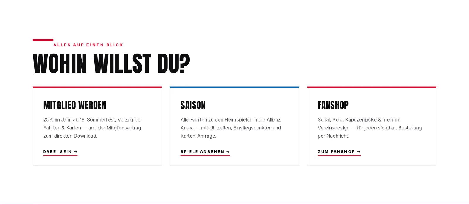 FC Bayern Fanclub Bazis Südbaden, Ausschnitt der Website: Die drei Wege auf der Startseite: Mitgliedschaft, Saison, Fanshop