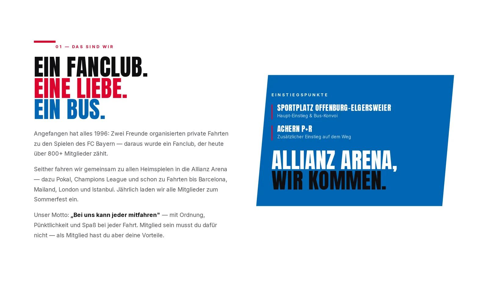 FC Bayern Fanclub Bazis Südbaden, Ausschnitt der Website: Vereinsgeschichte und Einstiegspunkte