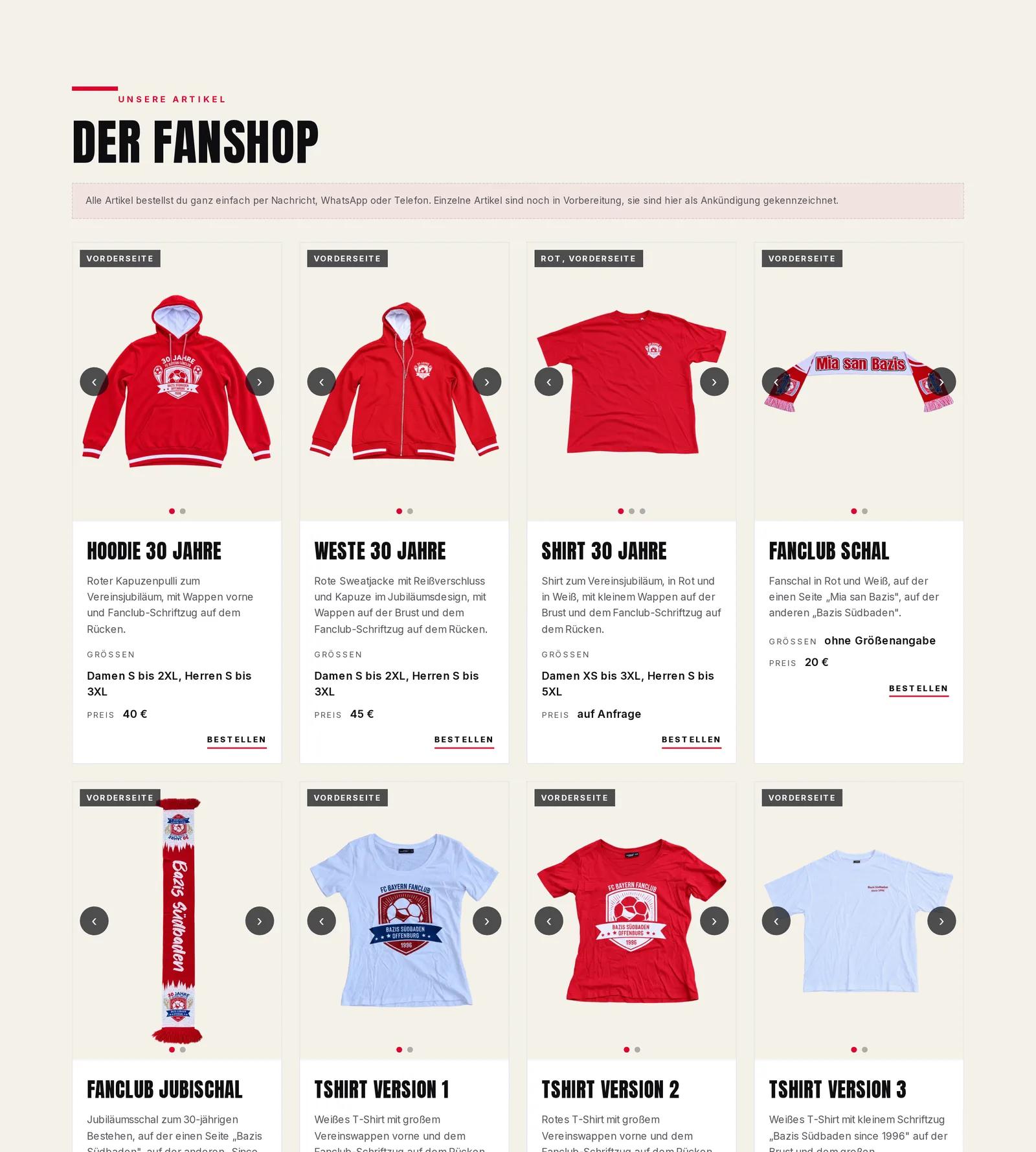 FC Bayern Fanclub Bazis Südbaden, Ausschnitt der Website: Fanshop mit Größen und Preisen